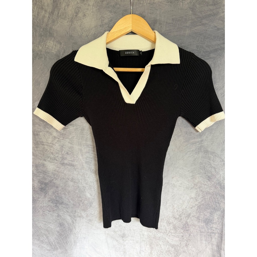 Zesica Womens Ribbed Knit Polo Top Black White Contrast Collar V-Neck Size S